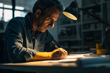 focused man in his 60s writing on paper under a desk lamp, in a dark room, possibly an office at night - obrazy, fototapety, plakaty