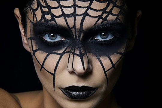 A lady flaunts an intricate spiderweb design adorning her eye amidst a somber backdrop.