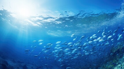 Fototapeta na wymiar underwater marine ecosystem A school of large fish on a blue background.