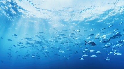 underwater marine ecosystem A school of large fish on a blue background. - obrazy, fototapety, plakaty