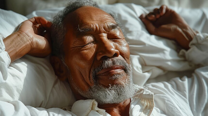 Portrait of an elderly man sleeping happily in his bed and smiling in his sleep, World Sleep Day concept