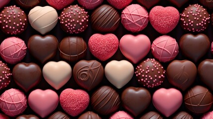 Valentine's Day, many different chocolate pralines fill the background.