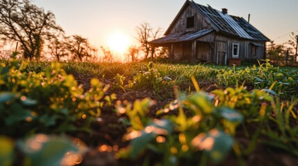 Abandoned house in the meadow at sunset. Beautiful rural landscape. - obrazy, fototapety, plakaty