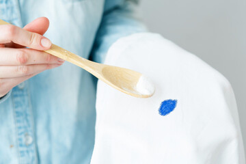 Eco-friendly remove of stains on clothes. Dirty permanent ink stain. daily life stain concept. High...