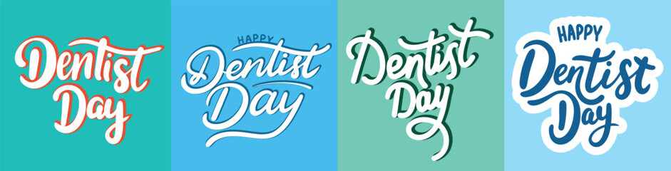 Naklejka premium Collection of inscriptions Dentist Day. Handwriting lettering set Dentist Day. Hand drawn vector art.