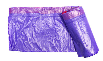 Violet plastic garbage bag, isolated on white background