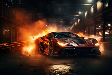 Fototapeta na wymiar Fiery Supercar Racing in Dramatic Industrial Setting at Night 