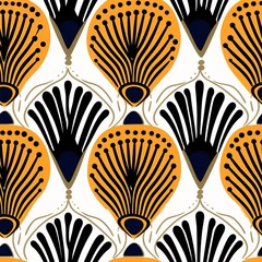 Black and orange African abstract seamless textile pattern with flowers on white background. Ethnic wax fabric print illustration. Printable tribal background for fashion, home decor, web, wallpapers