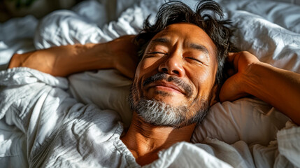 Portrait of an adult man smiling in his sleep, sunlight on his face, World Sleep Day concept
