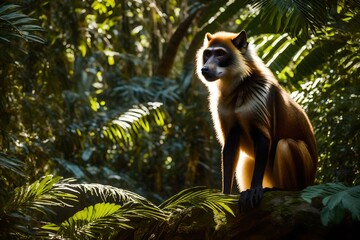 Against the backdrop of a sun-dappled rainforest, a Wolf's Mona Monkey engages in a lively display, its fur catching the ideal