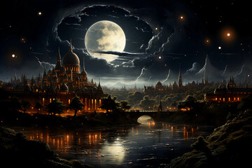 Night view of an ancient rural village from a different universe which has a lot of moons, breathtaking night view