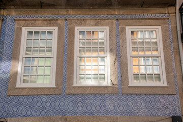 Typical facade of palaces in Ribeira district of Porto, Portugal