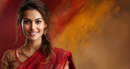 Cute Indian female in a half saree standing in front of vivid colored background