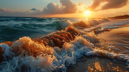 Foto auf Acrylglas A sun rising on the horizon on a beach, facing the sea, where all you can see is sand, sea and sun, © Pedro Areias