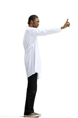 A male doctor, on a white background, in full height, shows a stop sign