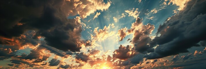 Fototapeta premium Panoramic Sunset Sky with Clouds Background: Ultra-Sharp Photography in Wide Angle. Captivating Nature's Canvas.