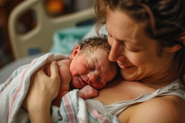 Miracle of Love: A sweaty and exhausted mother happily holds her newborn close to her chest in the hospital, capturing the emotional joy and tender bonding of their first encounter.

 - obrazy, fototapety, plakaty
