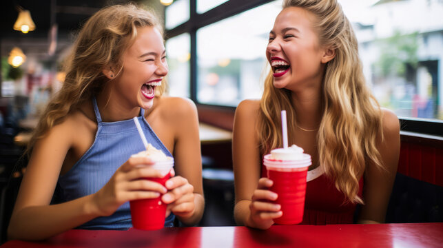 Two blonde teens wearing cute red and indigo dresses, laughing while sharing a milkshake. - Powered by Adobe
