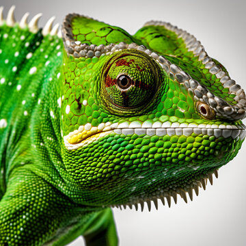 Green colored chameleon close up on white background