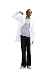 A male doctor, on a white background, in full height, shows strength