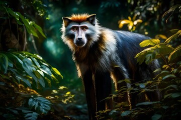 In the heart of an untouched tropical paradise, a Wolf's Mona Monkey gracefully moves through the vibrant foliage, its fur illuminated