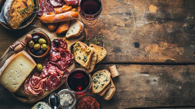 Spanish Culinary Fiesta: An enticing tapas and charcuterie banner with blank space for text, showcasing an assortment of cured meats, cheese, olives, and wine glasses against a rustic backdrop.

