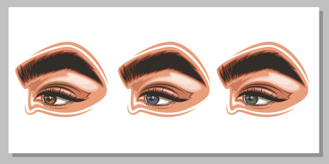 Colorful women's eyes with makeup. Eye makeup closeup isolated.  Beauty Salon Social media design. Beauty Salon Banner. Hand-Drawn vector illustration female eyes set. 