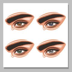 Colorful women's eyes with makeup. Eye makeup closeup isolated.  Beauty Salon Social media design. Beauty Salon Banner. Hand-Drawn vector illustration female eyes set. 
