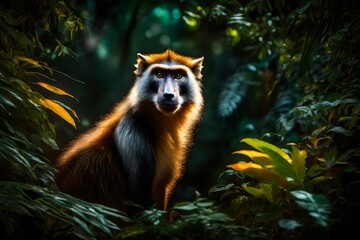 In the heart of an untouched tropical paradise, a Wolf's Mona Monkey gracefully moves through the vibrant foliage, its fur illuminated