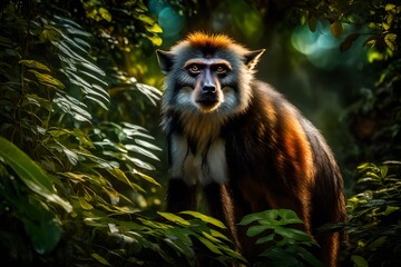 In the heart of an untouched tropical paradise, a Wolf's Mona Monkey gracefully moves through the vibrant foliage, its fur illuminated