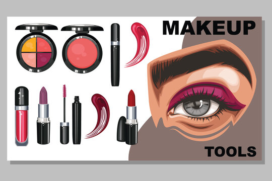 Colorful women's eyes with makeup. Eye makeup closeup.  Beauty Salon Social media design layout template. Beauty Salon Banner template. Hand-Drawn vector illustration female eyes set. 