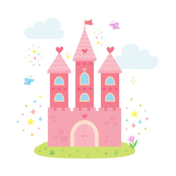 Fairytale pink castle for the princess with stars, flower, clouds, heart, butterfly. Fantastic fairy house or magic palace. Children's theme. Vector illustration in cartoon style isolated on a white