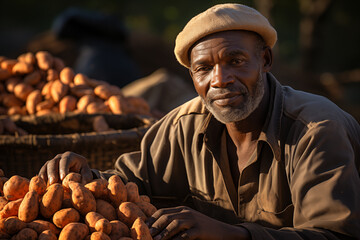 man farmer with harvested sweet potatoes - obrazy, fototapety, plakaty
