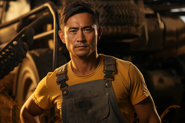 combine operator on the background of agricultural machinery