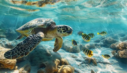 Fototapeta premium Ocean Harmony: Experience the serene beauty of a turtle and fish swimming together in the ocean, showcasing the peaceful coexistence and graceful collaboration of marine life.