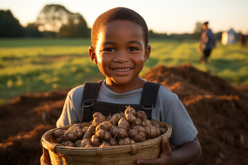 child holding a basket with harvested jerusalem artichoke tubers
