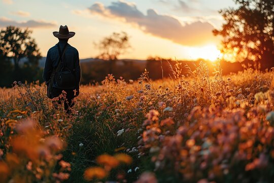 farmer inspects hay meadow at sunset