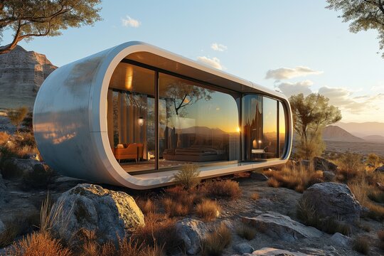 mini hotel, futuristic cabin in the mountainous area
