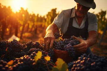 Harvest Elegance in Bordeaux: Experience the grace of the grape harvest season in Bordeaux's renowned vineyards, witnessing workers handpicking grapes under the warm autumn sun in this French winemaki - obrazy, fototapety, plakaty