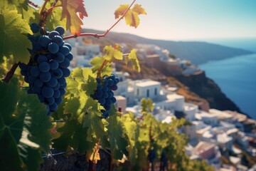 Vineyard Vista: Amidst Santorini's Stunning Seascape, Vines Laden with Grapes Soak in the Warmth of the Sun, Crafting Wines with the Essence of this Idyllic Island. - obrazy, fototapety, plakaty