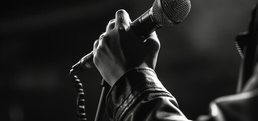 person is holding a microphone close to their face, ready to sing or speak. The background is dark with a single light behind them - obrazy, fototapety, plakaty