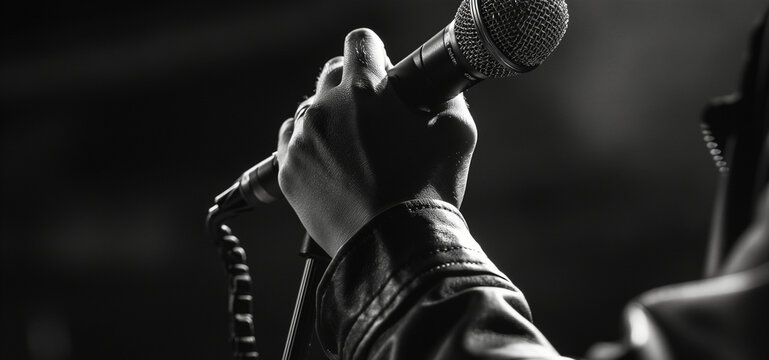 Person Is Holding A Microphone Close To Their Face, Ready To Sing Or Speak. The Background Is Dark With A Single Light Behind Them