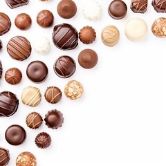 A variety of delicious chocolates arranged on a white background