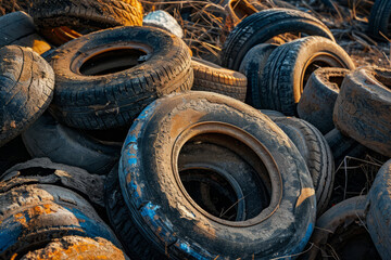 Landfill for recycling worn-out car tires. Stacked old using tires on the ground. Environmental pollution