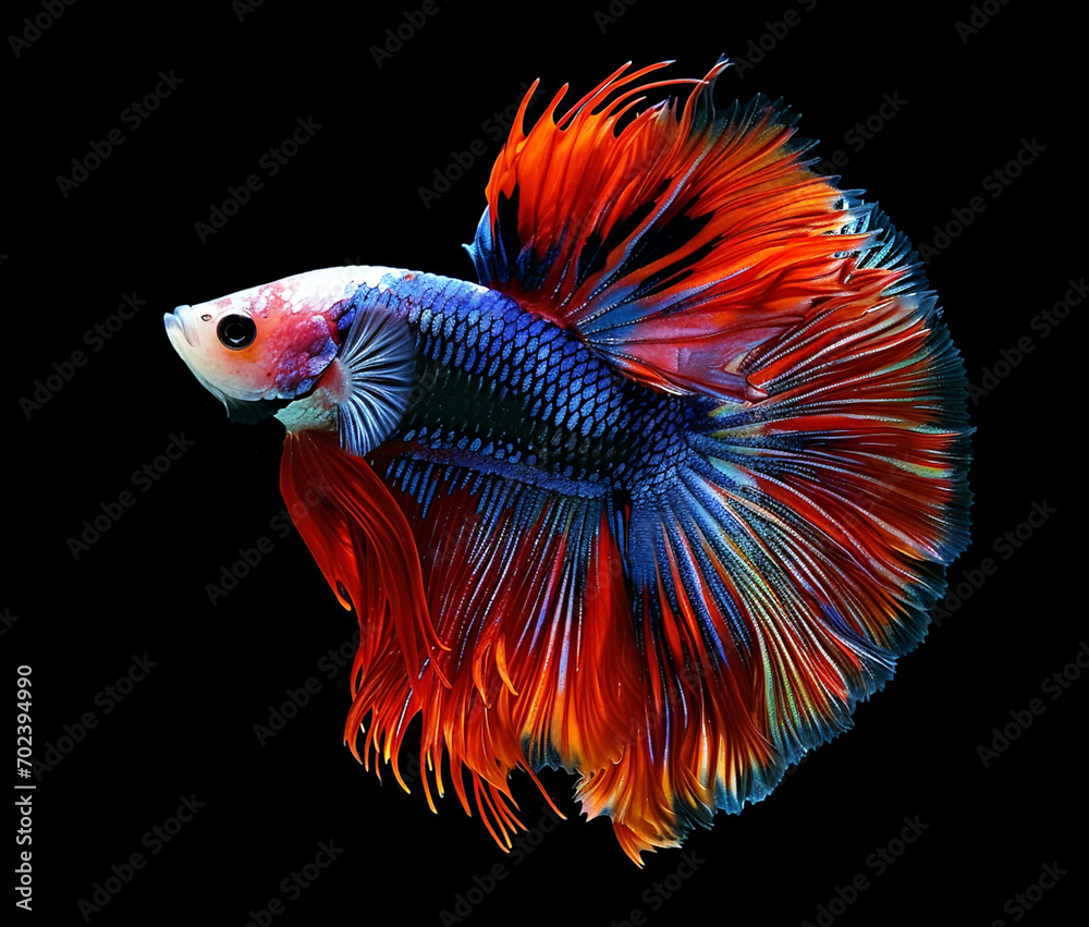 Sticker Capture the moving moment of red-blue siamese fighting fish,betta fish,betta splendens isolated on black background. 