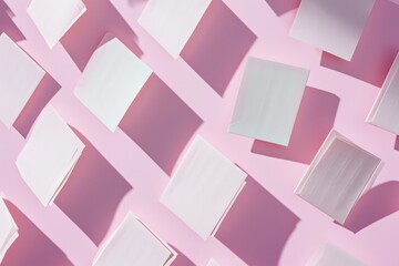 Abstract composition of white cards on a dynamic pink backdrop, evoking a playful sense of order and design