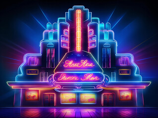 80s style colorful raster illustration of a night club neon sign with shining neon effect on a dark blue backdrop 