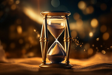 Golden Sand Running Through Hourglass Time Passing Concept - obrazy, fototapety, plakaty