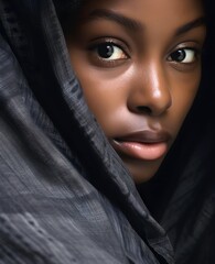 Fototapeta premium close portrait of a very beautiful black girl, African American, wearing a headscarf, Muslim