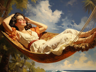 a woman relaxes and enjoys the sun on vacation at the beach in a wicker hammock 